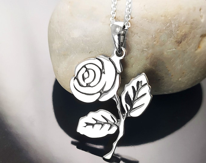 Rose Flower necklace, Sterling Silver, Beauty and the Beast Jewelry, Promise Necklace, Classic Flat Rosebud Pendant, Floral Gift