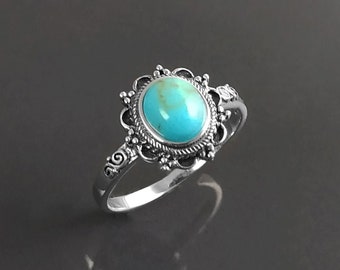 Bague turquoise, Bague Bohême, Argent 925, Bague en turquoise bleu Pierre véritable, Bague Pierre ovale Bleue, Bijoux Antique Style Ancien