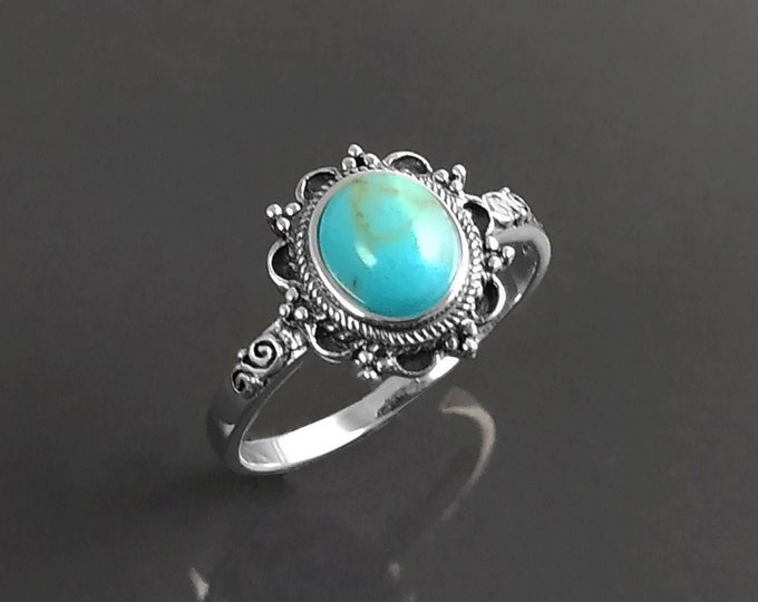 Turquoise Ring, Sterling Silver, Boho Ring, Blue Turquoise Stone Ring, Small Midi Oval Ring, Dainty Jewelry, Victorian Antique Ring