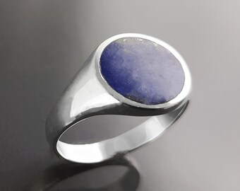 Lapis Signet Ring, Sterling Silver, Blue Lapis-Lazuli Gemstone, Hipster Mens Man Jewelry, Unisex Pinky Ring, Round Flat Stone Christmas Gift