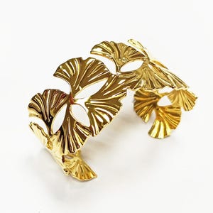 Ginkgo Leaf Cuff Bracelet • 18K Gold Filled • Statement Tree Leaves Inspired Open Bangle • Boho Nature Lover Jewelry, Bold Woman Floral Gift