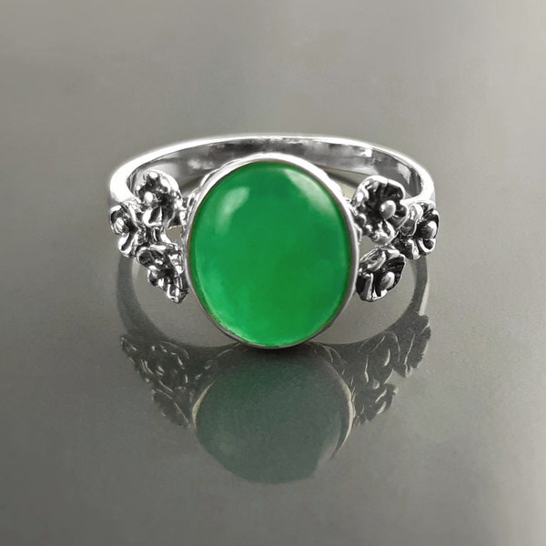 Jade-Ring, Sterlingsilber, echter imperialer ovaler Jade-Stein, zierlicher kleiner grüner Edelsteinschmuck, komfortabler Vintage-Stil