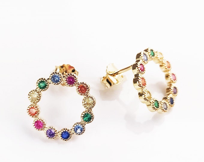 Stud hook Earrings, 18K genuine gold plated, Golden Flat front hooks set with Mix Color sparkling cubic zirconia, Rainbow Colors Cz stones