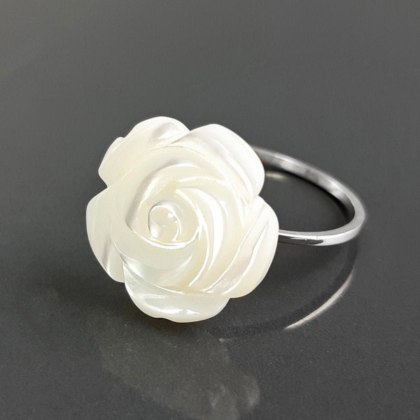 Bague rose en nacre, argent 925, fleur de rose romantique, délicate rose en nacre gravée, bijoux de fiançailles, bague pour tous les jours