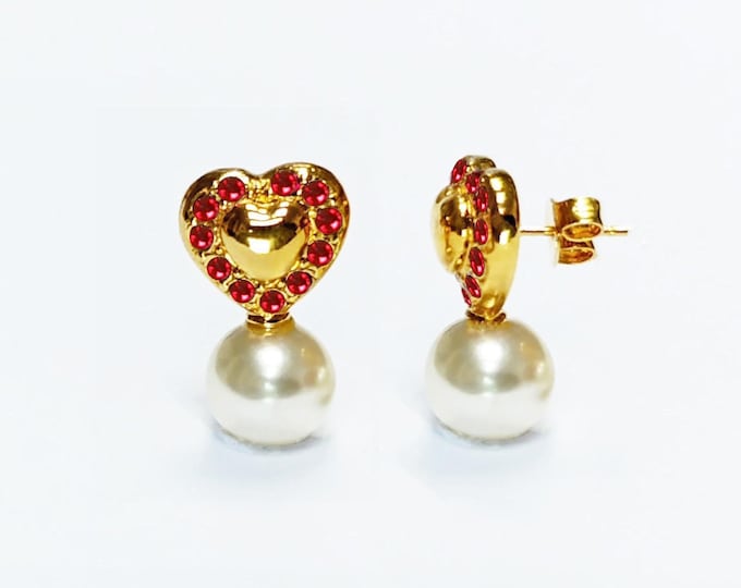 Gold Red Heart Pearl Drop Earrings by KRAMIKE • 18K Gold-Plated & Ruby Color Stones • Everyday Timeless Jewelry • Gift for Her • KR044