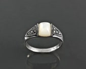 Vintage band ring, sterling silver ring with Genuine white domed Mother of pearl and marcasite stones, art-deco design style jewelry