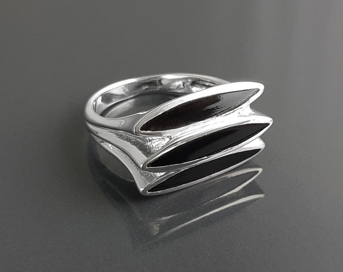 Black stone Ring, Sterling Silver, GENUINE Onyx Jewelry Stones, Modern Geometric Design, 3 Three Triple Flat Ring