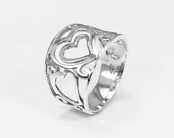 HEART Filigree Band Ring, Sterling Silver, Large Ring, Wide Openwork Ring, Delicate HEART Ring, Ring Like a Tattoo on the Finger.