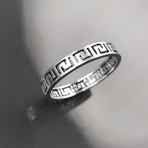 Greek Key Frieze Ring, Sterling Silver, Eternity Long Life Jewelry, Ancient Greek Key Patterns Band, Antique Spiral Meander, Open Work