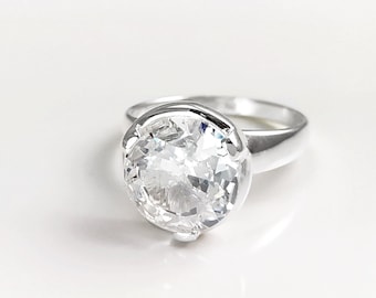 Solitaire ring, sterling silver, modern design Mounting ring, 2Ct white Clear Round Stone (Cz), stackable with band ring