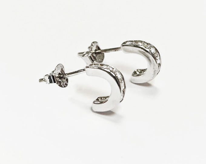 Open Hoops Earring with stones, Solid Sterling Silver, white Cz stone, Classical Small Half Hoops studs Earrings, Everyday Women Jewelry