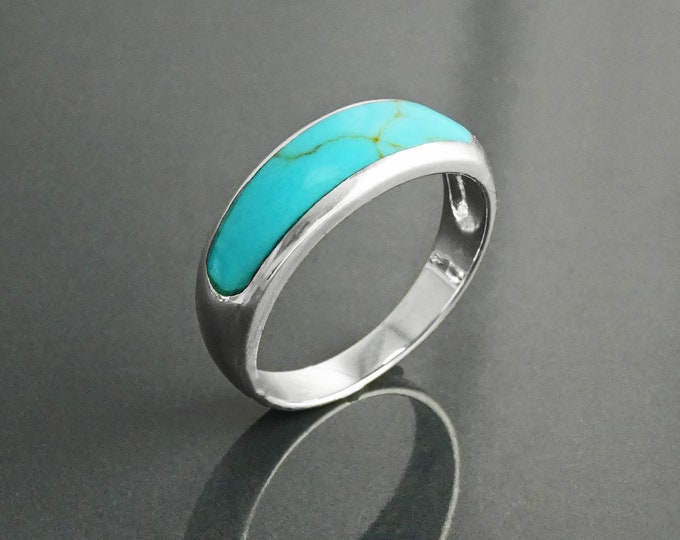Turquoise Band Ring, Sterling Silver, Modern Blue Turquoise Jewelry, Sleek Inlay Turquoise Band, Stackable Minimalist Flat Stone