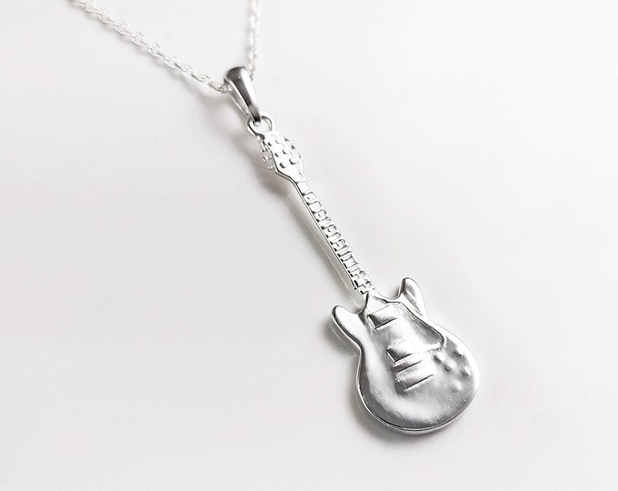 Guitar Pendant, Sterling Silver, Musician Rock  Guitarist Jewelry, Electric Bass Guitar Necklace, Gift for Music Player,