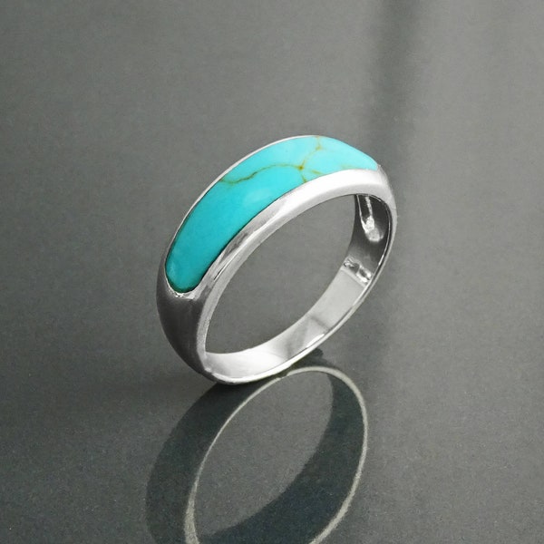 Bague Anneau Turquoise, Argent 925, Bijoux Pierre Turquoise Bleue, Anneau Moderne Simple Turquoise Lisse, Bague Minimaliste, Cadeau