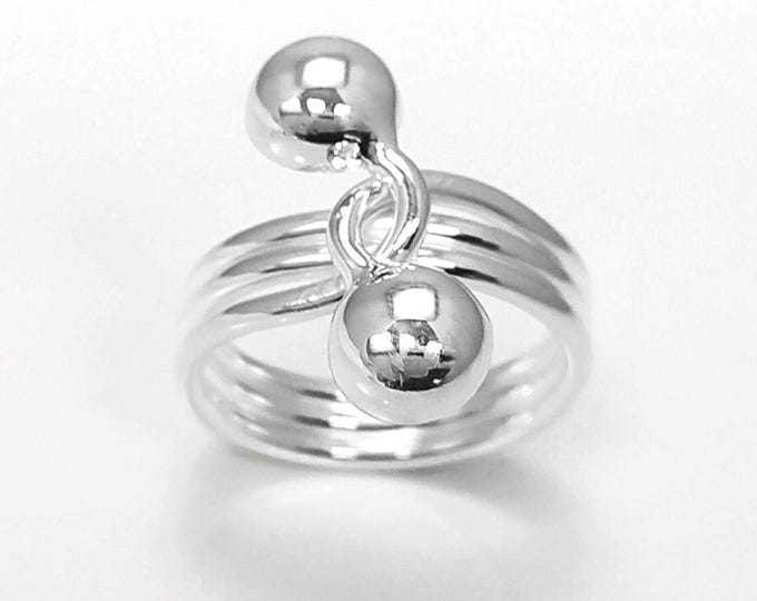 Ball Ring, Sterling Silver, Bypass Half Ring, Cross Balls Crossing Spiral Coiled Ring, Modern Minimalist Geometric Round Designed Jewelry
