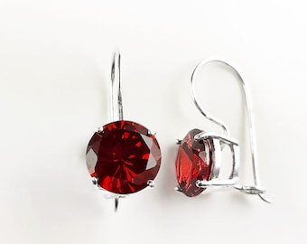 10mm Pierre Rouge Brillante Comme du Rubis, 925 Boucles Crochets Fermés, 925 Argent Boucles,  Pierre 10 mm Zirconia, Boucles Crochets925.