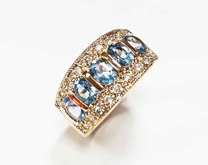 Aquamarine Gold Band Ring, 18K Gold-Plated Blue CZ Stones, Elegant March Birthstone Jewelry, Cocktail Wedding, Birthday Gift for Her