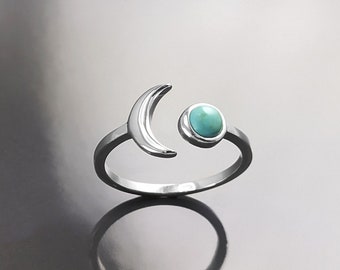 Crescent Moon Ring, Sterling Silver, Boho Chakra Stellar Cosmic Jewelry, Lunar Open Ring, Celestial Round Blue Turquoise Stone Ring