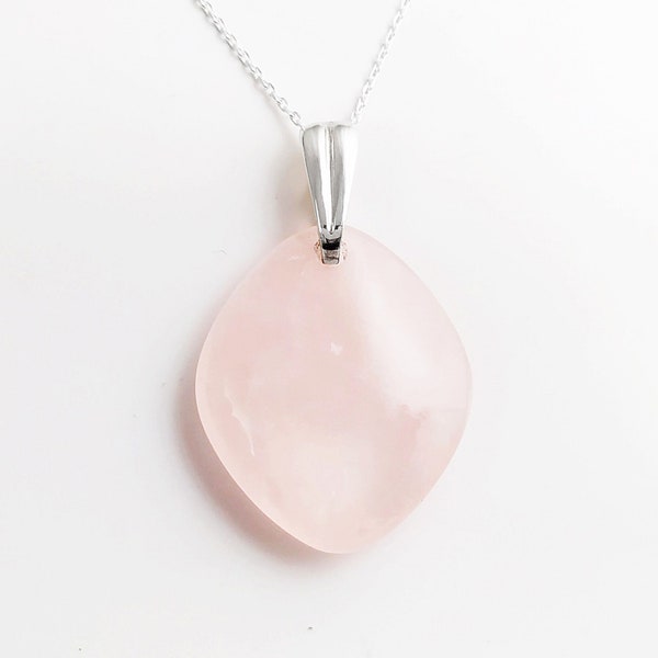 Pendentif Quartz Rose, Argent Massif 925 - Rose Pâle, Quartz Pierre Naturelle Veinée, Design Epuré, Bijoux Moderne, Pierre de Naissance.