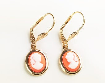 Gold Cameo Earrings - Red & White Resin Stone Jewelry - Victorian Woman Face Portrait Cameo - Vintage Lever-Back Earrings - Gift For Her