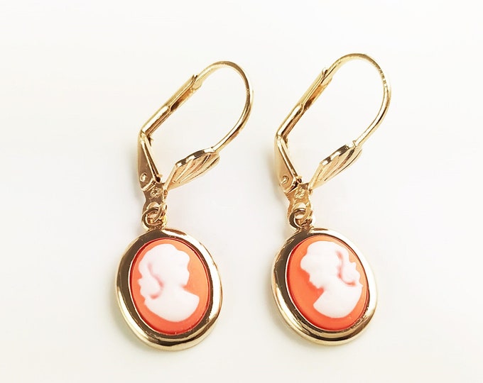 Gold Cameo Earrings - Red & White Resin Stone Jewelry - Victorian Woman Face Portrait Cameo - Vintage Lever-Back Earrings - Gift For Her