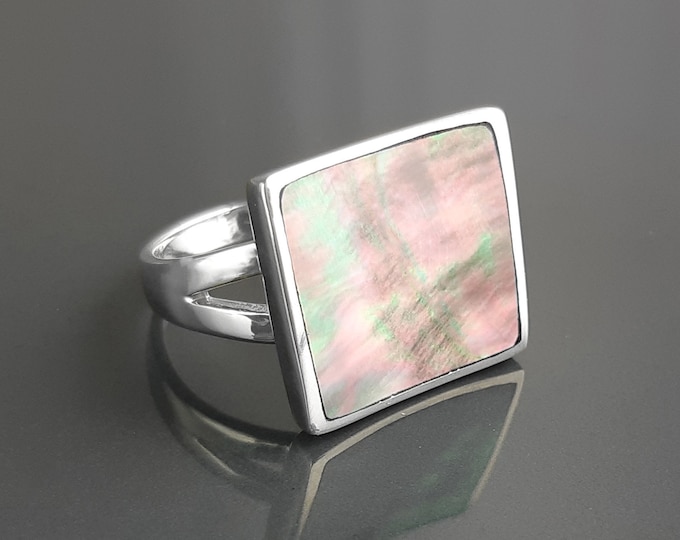 Square Ring, Sterling Silver, Curved Square Stone Ring, Genuine Grey Paua Shell jewelry, Modern Geometric Ring, Rainbow Color, Gray