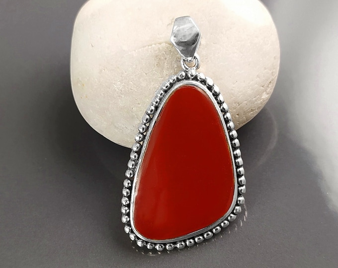 Red Pendant, Sterling Silver, Big Red Jasper Stone, Oval Pendant Necklace, Braided Border Vintage Style Jewelry