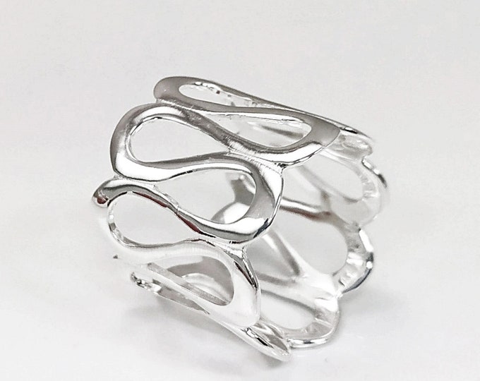 Sterling Meander Cuff Ring, 925 Silver, Ring, Greek Pattern Large Band Ring, Hellenic Spiral Ring, Large Frieze Ring, Wide Open Swirl Ring