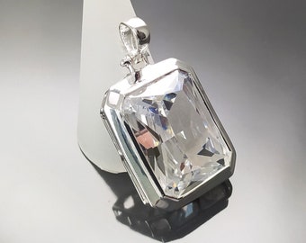 Rectangle pendant, sterling silver jewelry, big cz stone, white diamond color, statement rectangle necklce, women gift
