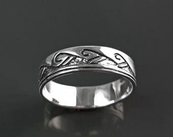 Tribal Wave Ring, Sterling Silver, Surfer Beach Band, Carved Ocean Waves Pattern, Unique Ocean Jewelry, Unisex ring