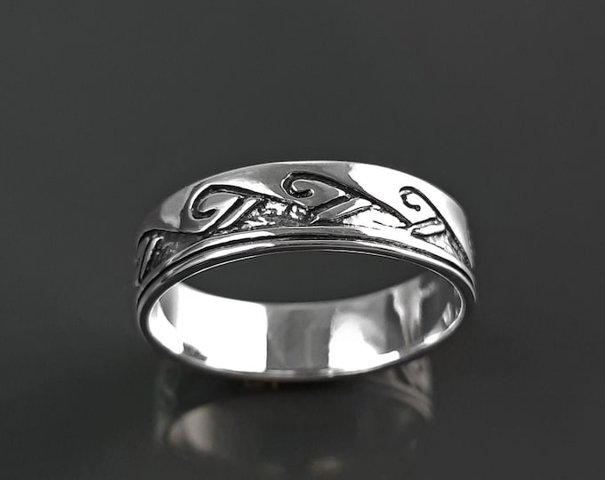 Tribal Wave Ring, Sterling Silver, Surfer Beach Band, Carved Ocean Waves Pattern, Unique Ocean Jewelry, Unisex ring