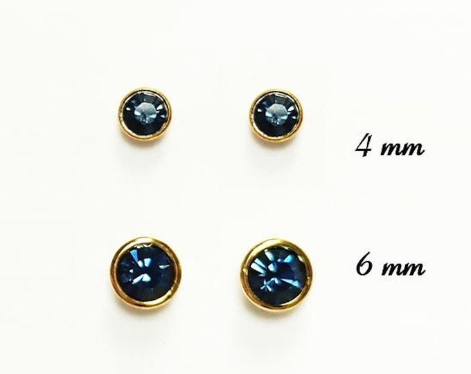 Blue Sapphire Crystal Stud Earrings by KRAMIKE • 18K Gold-Plated with Elegant Blue Stone • Everyday Jewelry • Minimalist Bezel Studs • KE053