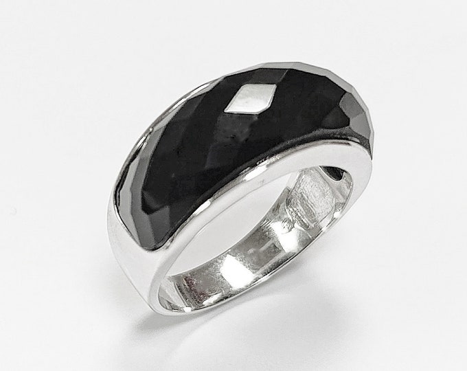Faceted Onyx Ring by KRAMIKE • Sterling Silver • Modern & Elegant Black Stone Band • Perfect for a Sophisticated Look • Gift for Her • KR030