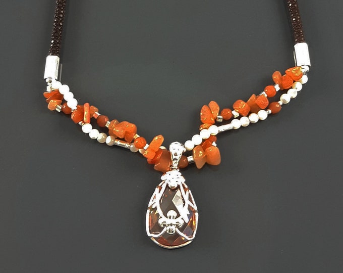 Orange Stone Color Necklace, Sterling Silver, NATURAL Agate Stones, Pearls Strands, Lab Orange Stone Cz, Flower Pendant, Stingray Collar
