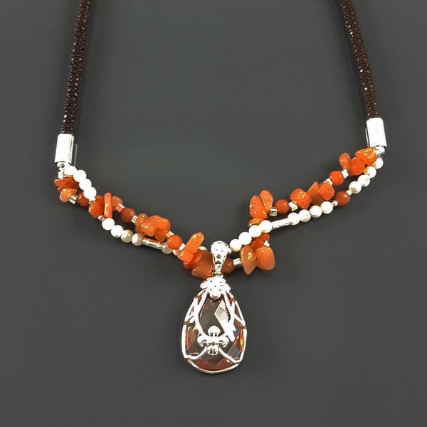 Collier Ras de Cou Agate Véritable, Argent 925, Collier Torque Cuir Galuchat, Perles, Nacre, Dessin Fleur, Zirconia, Pendentif, Agate Orange