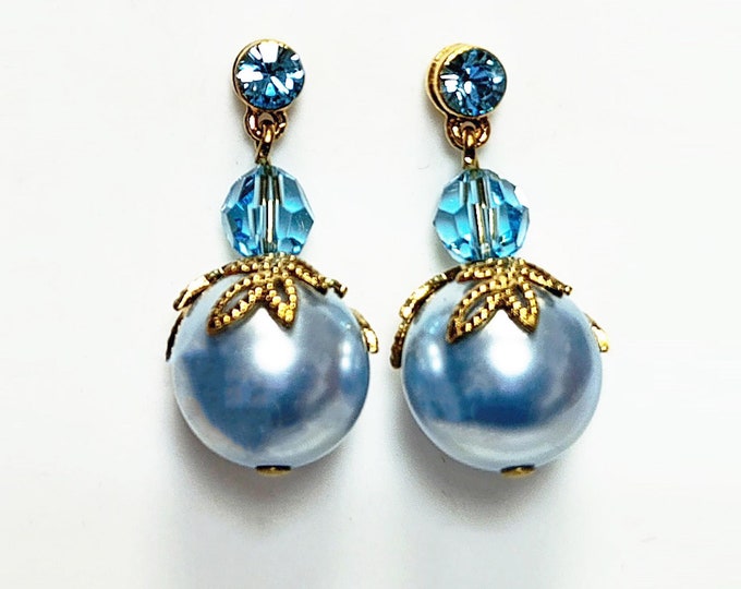 Blue Drop Pearl & Crystal Earrings by KRAMIKE • Azure Color Pearls • 18K Gold Plated Studs • Ideal for a Wedding, Party, or Gift for Her