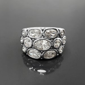 Grande Bague Bling Bling, Bague Argent 925, Bague Large Ovale, Bague Zirconia Couleur Diamant, Anneau multiple pierres, Design Vintage