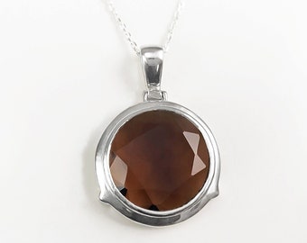925 Brown Smoky Color Stone, Round Silver Pendant, Sterling Silver, Manmade Deep Brown Colored Cz Stone, Statement Big Round, Necklace Gift