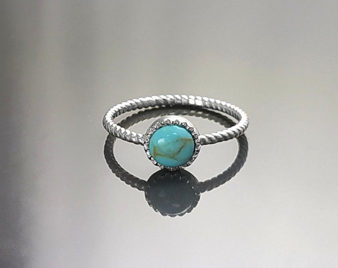 Round Turquoise Ring, Sterling Silver, Blue Turquoise Domed Stone, Boho Braided Band Ring with Braid, Minimalist Everyday Style jewelry