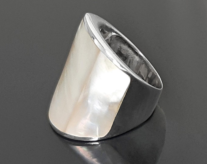 Statement Cuff Ring Sterling Silver genuine White Mother of Pearl Finger Armor Wide Ring 3 Pieces of White Pearl Shell MOP Large Ring