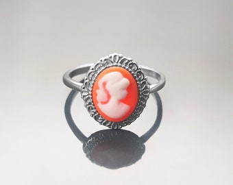 Cameo Ring - Sterling Silver Red and white Resin Stone Cameo - Vintage Victorian Jewelry