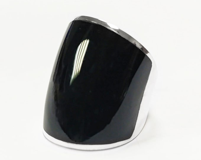 Statement Cuff Ring • Black Onyx Stone • Finger Armor Jewelry • Contemporary Statement Sterling Silver Wide Band • Perfect for a Modern Look
