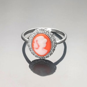Cameo Ring - Sterling Silver Red and white Resin Stone Cameo - Vintage Victorian Jewelry