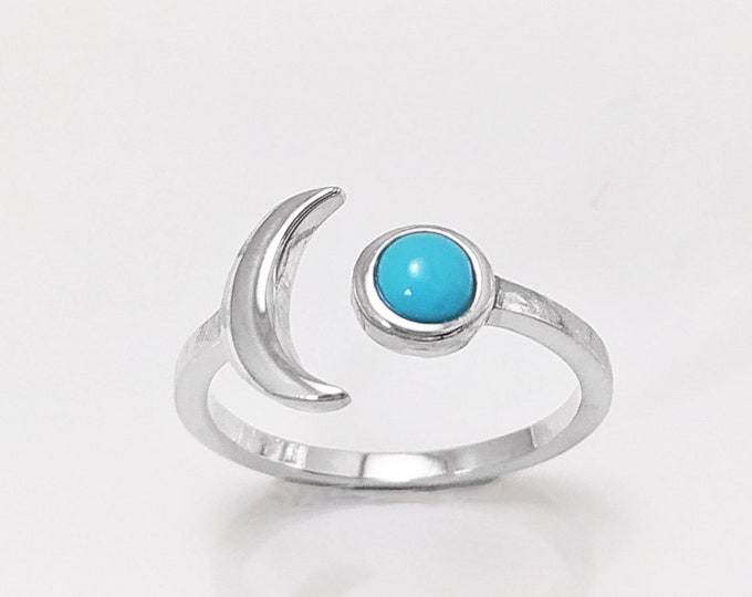 Turquoise Crescent Moon Ring, Sterling Silver, Boho Chakra Stellar Cosmic Jewelry, Lunar Open Ring, Celestial Round Blue Stone Ring