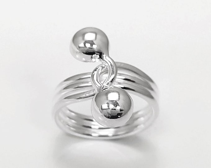 Ball Ring, Sterling Silver, Bypass Half Ring, Cross Balls Crossing Spiral Coiled Ring, Modern Minimalist Geometric Round Designed Jewelry