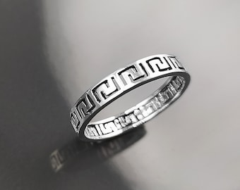 Greek Key Frieze Ring, Sterling Silver, Eternity Long Life Jewelry