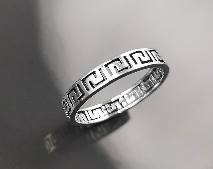 Greek Key Frieze Ring, Sterling Silver, Eternity Long Life Jewelry, Ancient Greek Key Patterns Band, Antique Spiral Meander, Open Work