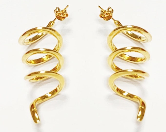 Drop Spiral earrings golden with 18K genuine gold plated, Long Spiral, Swirl Earrings, Dangle pendant earrings, Long Dangle Earrings Plated