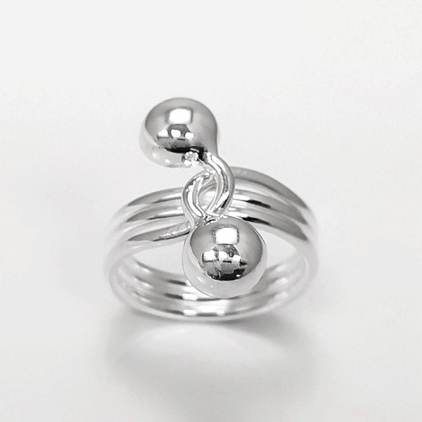 Bague Boules, Argent 925 Massif, Demi-Boules Croisée, Bague Spirale, Anneau Spirale, Bague Boules, Bague Sphere