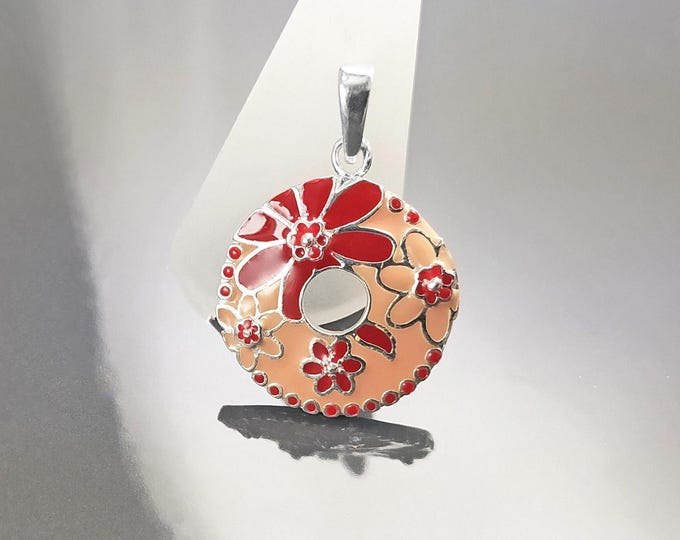 Pendant Red Pink Flower, 925 Sterling Silver, Flower Pattern Pendant, Red Pink Color Enamel, Floral Pattern, Tropical Flower, Hawaiian Style